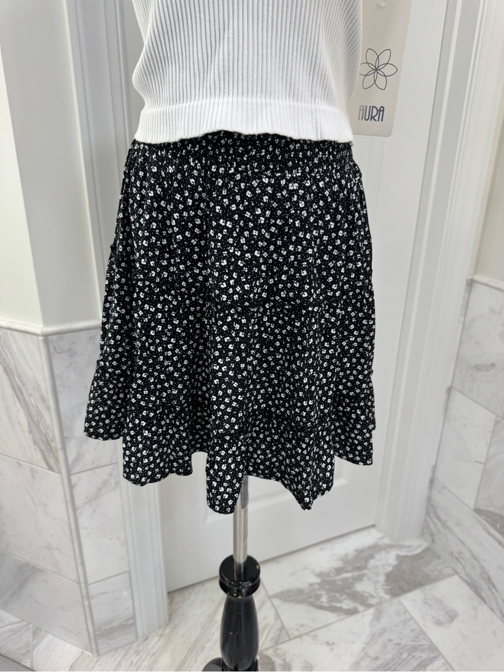 Forever 21 Black Floral Tiered Skirt with White Print